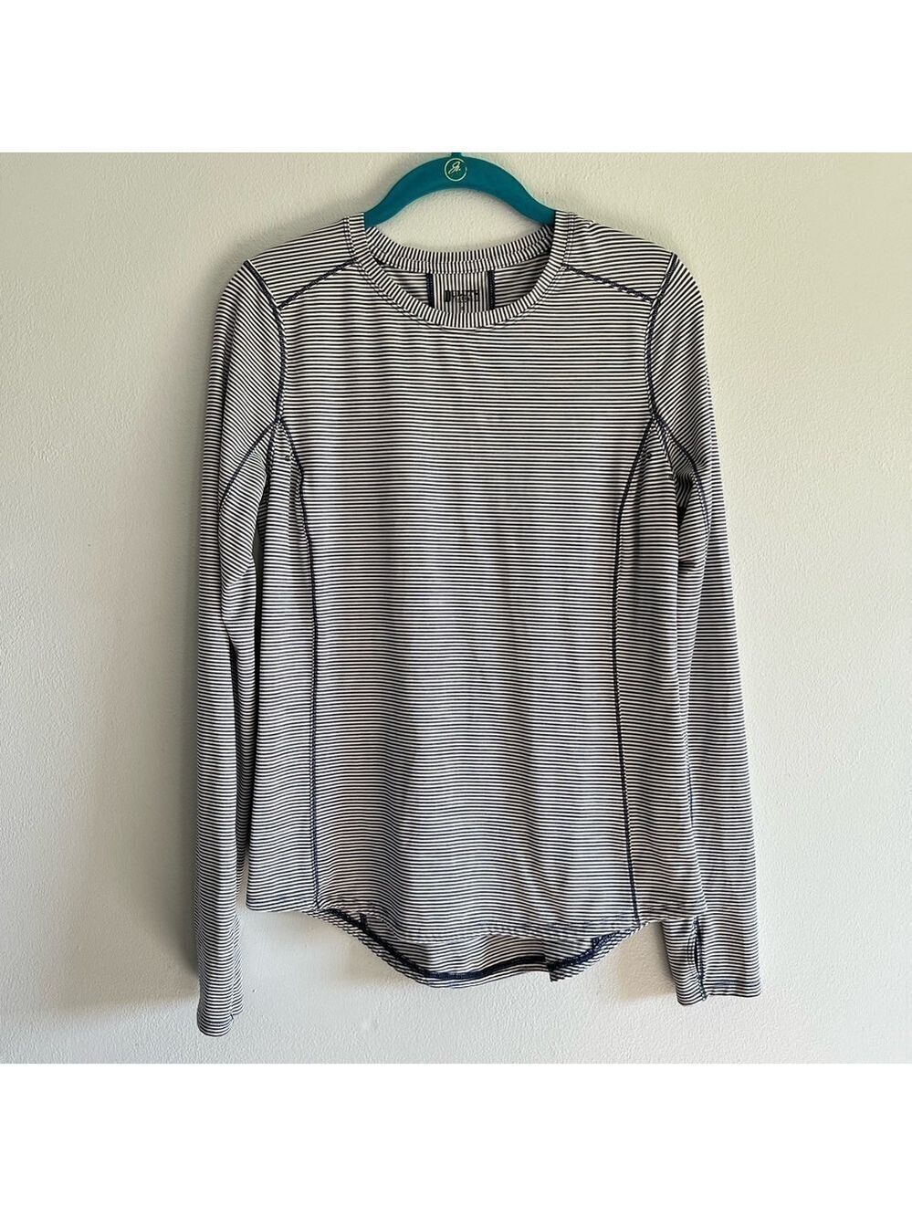 Duluth Trading Co. Navy & White Striped Pier Genius Long Sleeve UPF Top Small